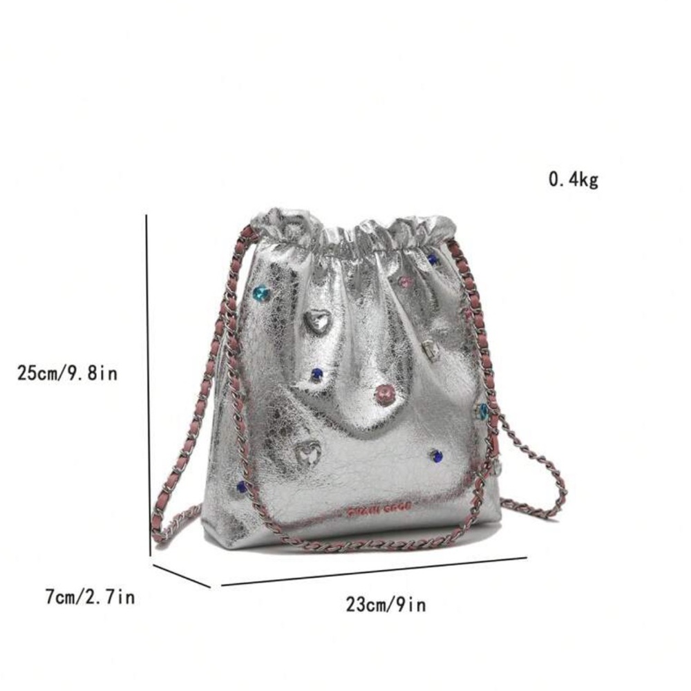 Chic Silver Metallic & Pink Multi Embellish Vanity Leather Crossbody Bag OS New - Picture 6 of 7